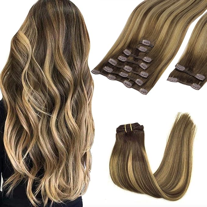 GOO GOO Clip in Hair Extensions Real Human Hair, Remy Human Hair Extensions Clip ins for Women, Natural Human Hair, 24inch 240g 9Pcs, #4/27/4 Balayage Chocolate Brown to Caramel Blonde