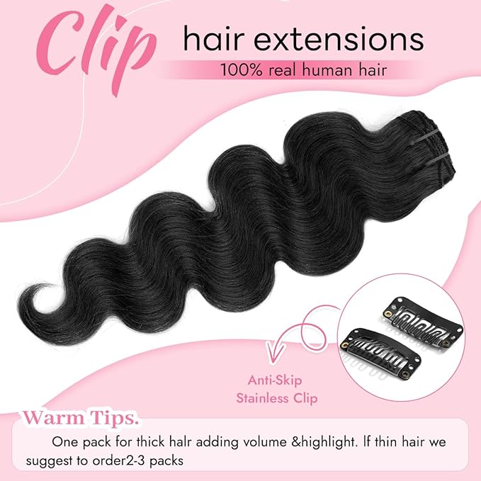 Clip in Hair Extensions Real Human Hair Body Wave 1B Natural Black Clip in 100% Brazilian Remy Human Hair Extensions 8pcs Per Set with 18 Clips Double Weft 20 Inch 105g/3.6oz