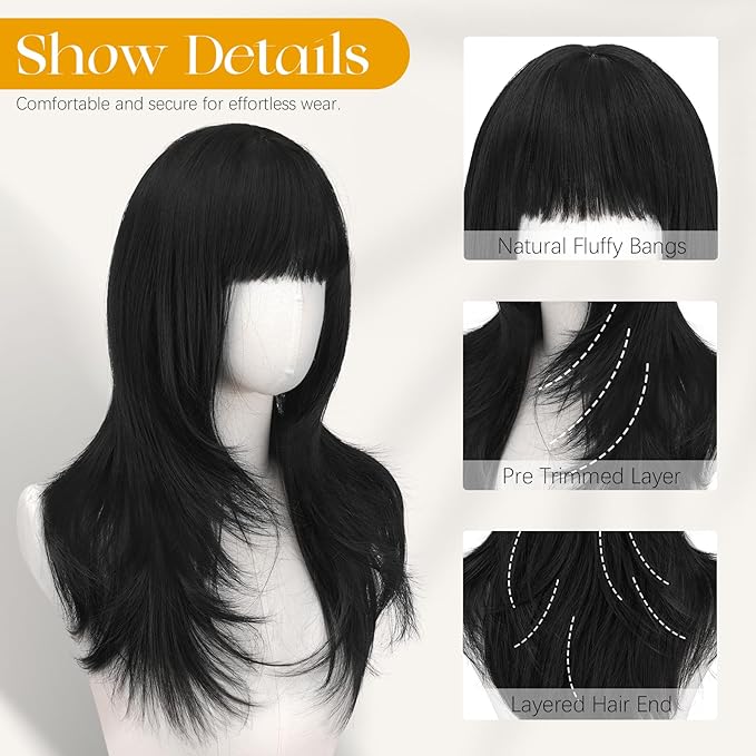 SOFEIYAN Long Straight Layered Wig with Bangs 24 Inch Synthetic Natural Hair Wig Soft Heat Resistant Long Wigs for Women Daily Party Use