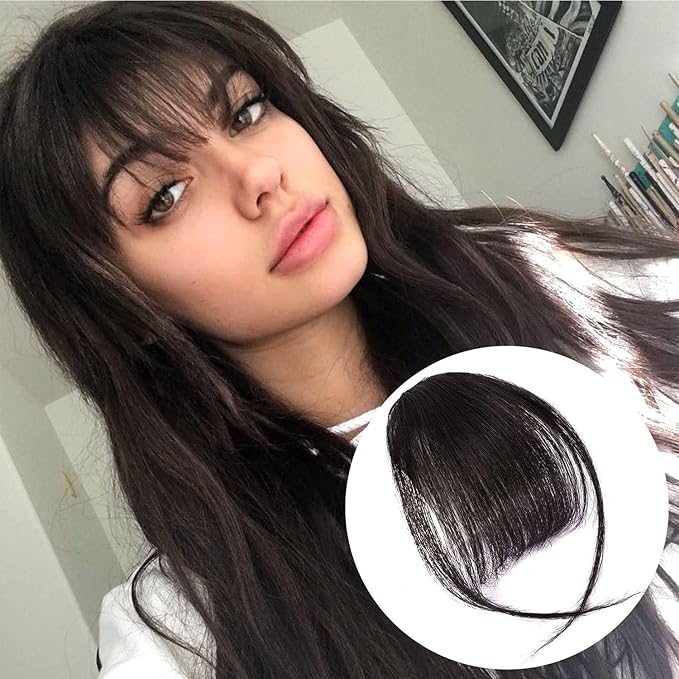 BOGSEA Clip in Bangs Real Human Hair Bangs Hair Clip with Temples Hairpieces for Women Natural Looking Fringe Hair Extension for Daily Wear(Wispy Bangs, (Brown Black))