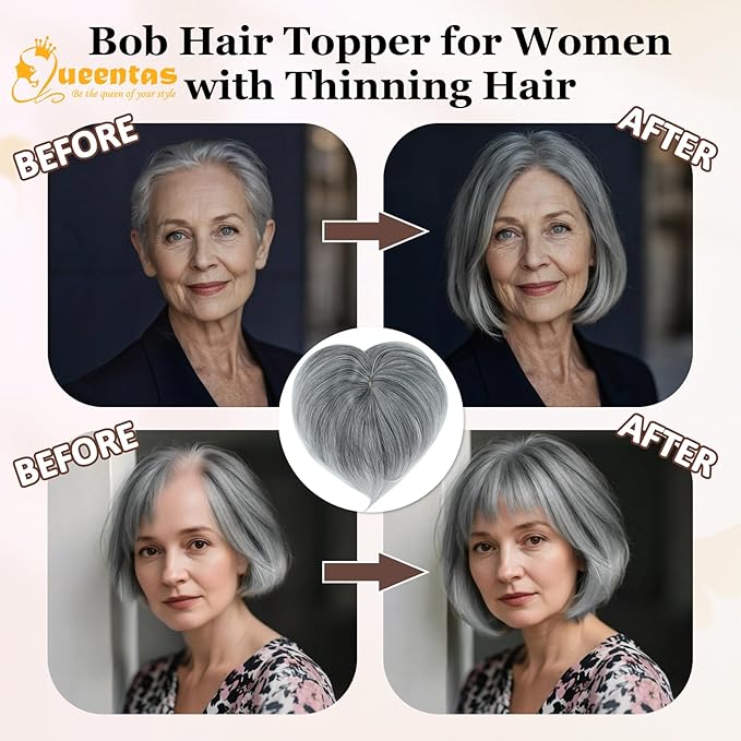QUEENTAS Silver Hair Topper for Women with Thinning Hair Pieces 6"*6"Large Coverage 360°3D Cover Silver Synthetic Short Bob with 5 Clips in Wiglets(Gray with Black)