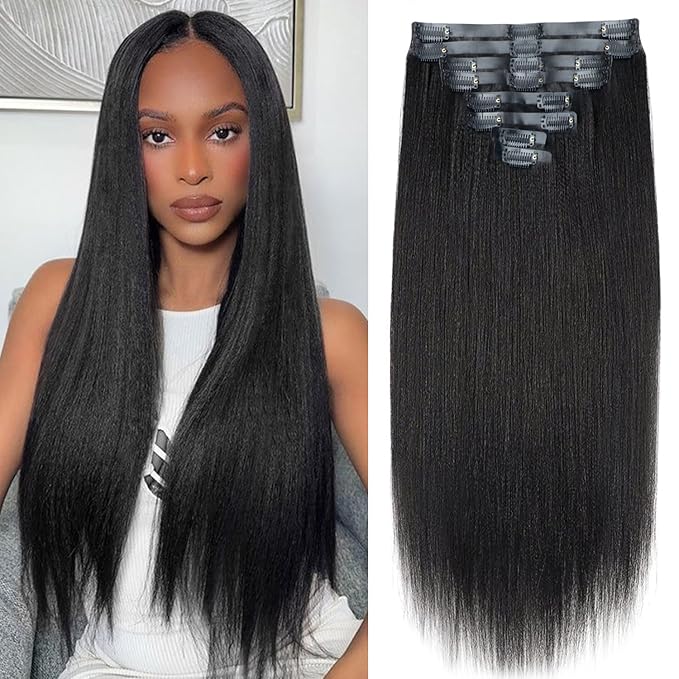 26 Inch Seamless PU Yaki Straight Clip ins Hair Extensions Real Human Hair For Women Invisible Yaki Straight Clip ins Hair Extensions (26inch,#1B)