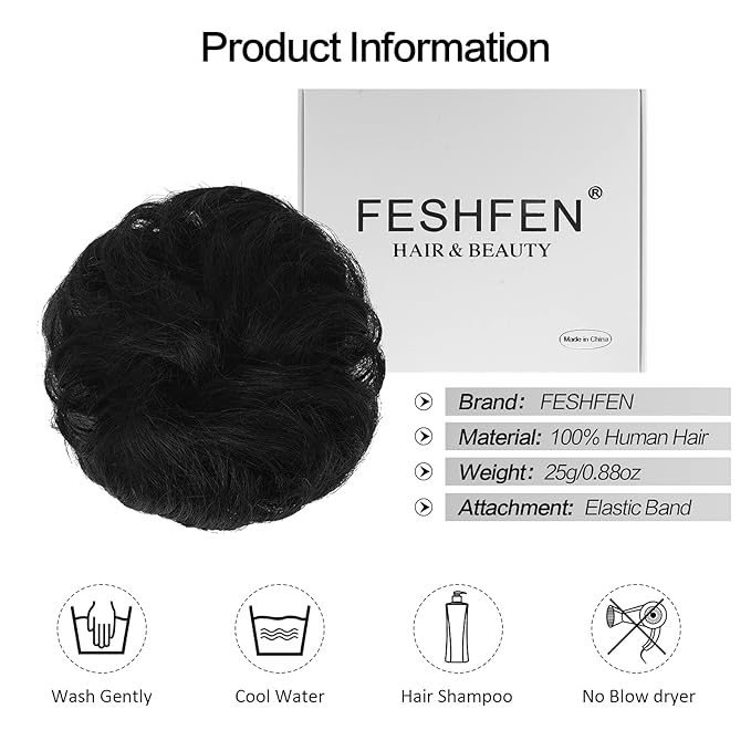 FESHFEN Human Messy Buns - 100% Human Hair Bun Real Scrunchies Hair Pieces Ponytail Extensions Wavy Tousled Updo Chignon Hairpieces for Women, Black
