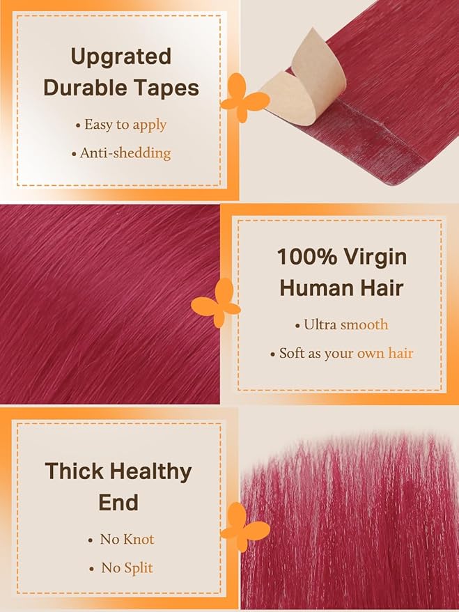 DOORES Human Hair Extensions Tape in Hair, Burgundy Red Tape in Hair Extensions, Human Hair Straight, 30g 10pcs 22 Inch, Burgundy Red