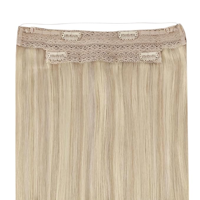 YoungSee Wire Hair Extensions Blonde Wire Hair Extensions Real Human Hair Ash Blond with Bleach Blonde Highlights Fish Line Hair Extension Real Human Hair for Women 14inch 80Gram