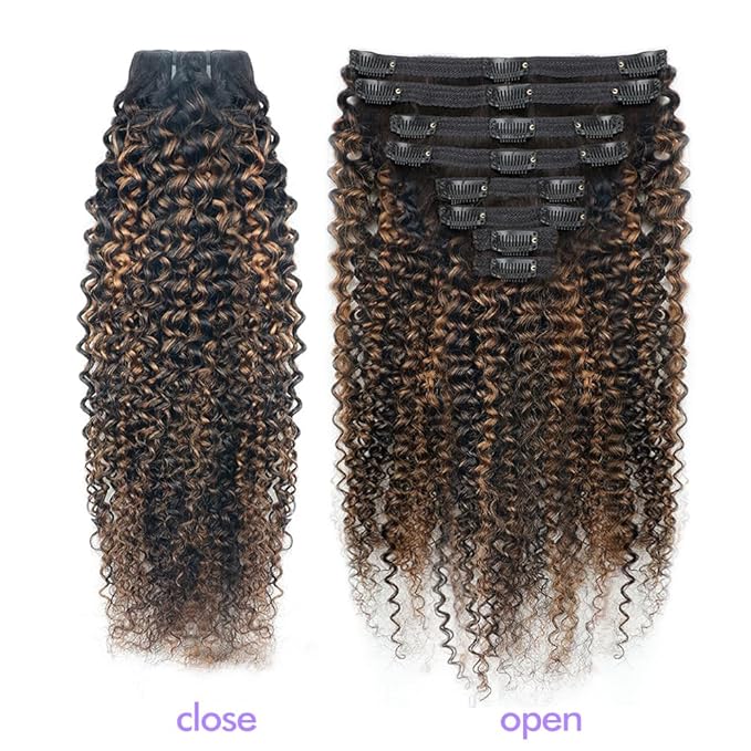FB30 Highlight Ombre Curly Clip In Extension Human Hair 3C 4A Kinky Curly Clip Ins Full Head for Black Women Brazilian Remy Human Hair Balayage Brown 8Pcs with18clips 120g/Set (20 inch)