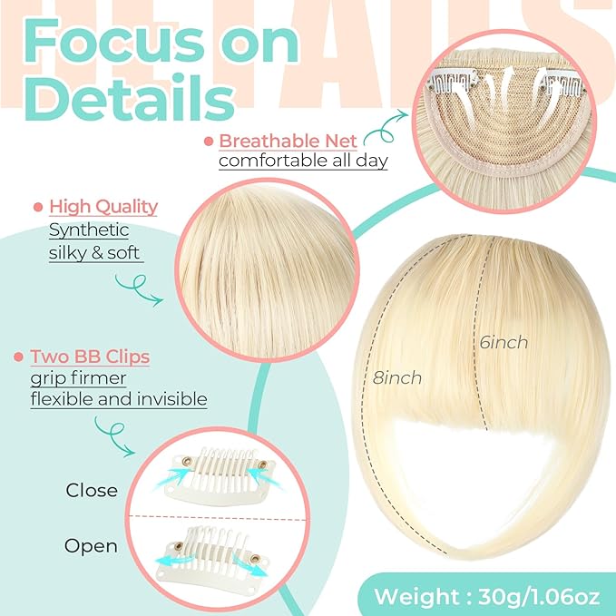 Clip in Bangs, Synthetic French Bangs Hair Clip, Fake Bangs Fringe with Temples Hairpieces for Women Natural Curved Hair Extensions for Daily Wear Bleach Blonde