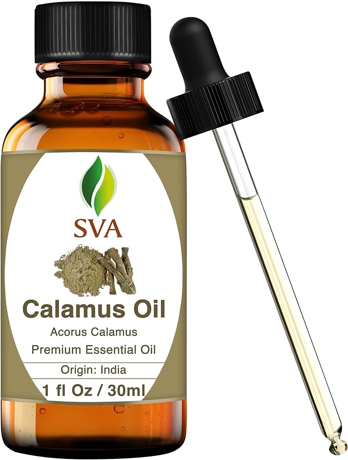 SVA Calamus Essential Oil – 1 Fl Oz – 100% Natural Calamus Oil - for Diffuser, Hair Care, Face, Skin Care, Aromatherapy, Scalp and Body Massage, Soap and Candle Making – with Dropper