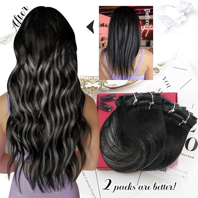 Moresoo Seamless Clip in Hair Extensions Human Hair Black And Grey Silver Ombre Human Hair Extensions Clip ins Long for Women Pure Weft Invisible 120g/7pcs 22 inch