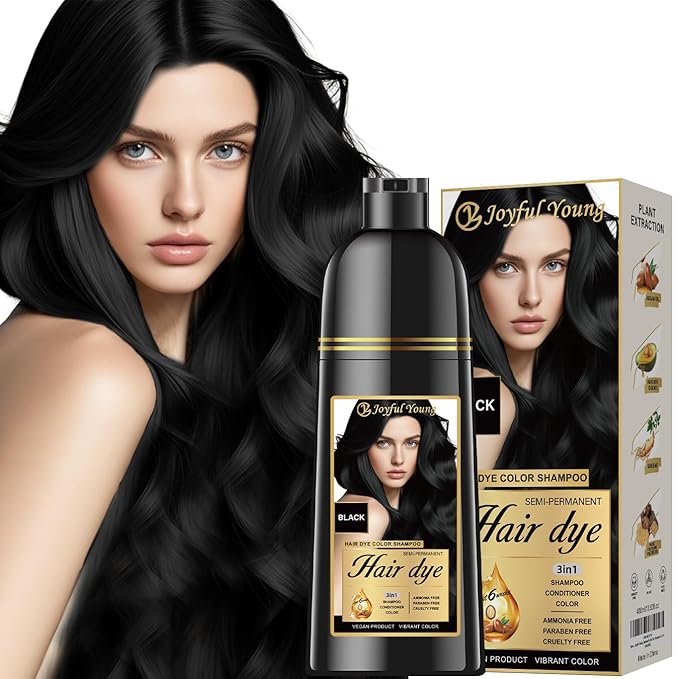 Herbal Hair Dye Shampoo 3-in-1 Vegan Color for Gray Hair - Ammonia-Free for Men & Women – Beard & Hair Coloring – Instant Gray Coverage Champú Para Canas Mujer & Hombre (BLACK)