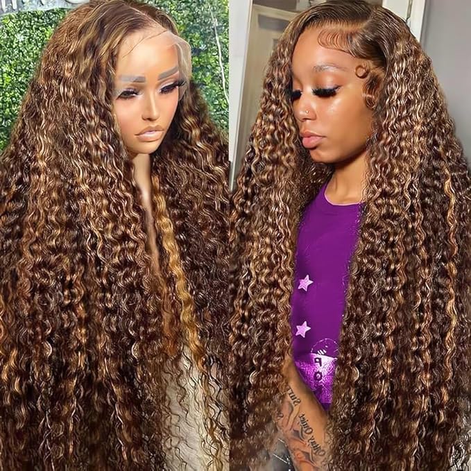 Honey Blonde Highlight Ombre Lace Front Wig Human Hair 210 Density 13x6 HD Lace Front Wigs Human Hair Deep Wave Curly Lace Frontal Wigs Pre Plucked with Baby Hair 32Inch