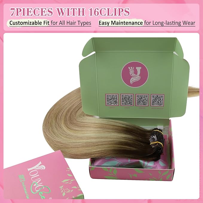 YoungSee Balayage Clip in Hair Extensions Invisible Clip in Hair Extensions Human Hair Walnut Brown Ombre Light Brown with Blonde Clip in Human Hair Extensions for Women 120G 16Inch