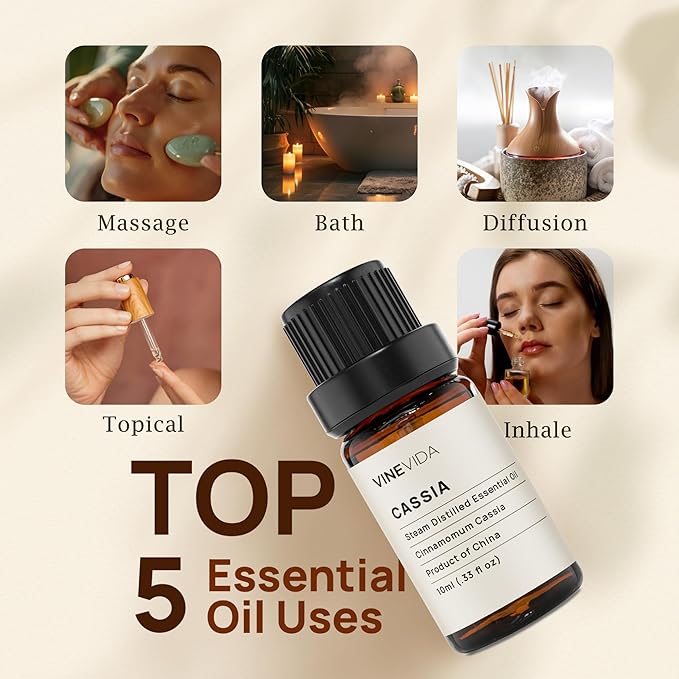 VINEVIDA Cassia Essential Oil 10 mL - Pure, Undiluted Cassia Oil for DIY Candle Scents and Soap Making