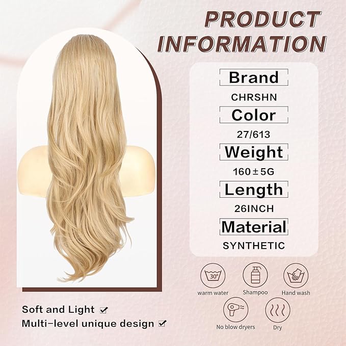 Blonde Ponytail Extension, 26 Inch Drawstring Ponytail Extension for Women Long Blonde Wavy Layered Pony Tails Hair Extensions Synthetic Clip in Ponytail Hairpiece for Women(27/613)