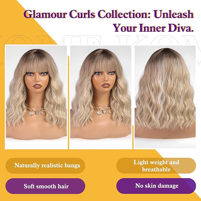 Curly Bob Wig with Bangs Short Wavy Ash Blonde Wigs for Women Lob Haircut Synthetic Heat Resistant Bob Wigs 14IN…