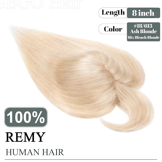 SEGO Hair Toppers for Women Real Human Hair with Thinning Hair, Toppers Hair Pieces Clip in Toppers Straight Hair Pieces with Front Bangs -8 Inches #18/613 Ash Blonde Mix Bleach Blonde