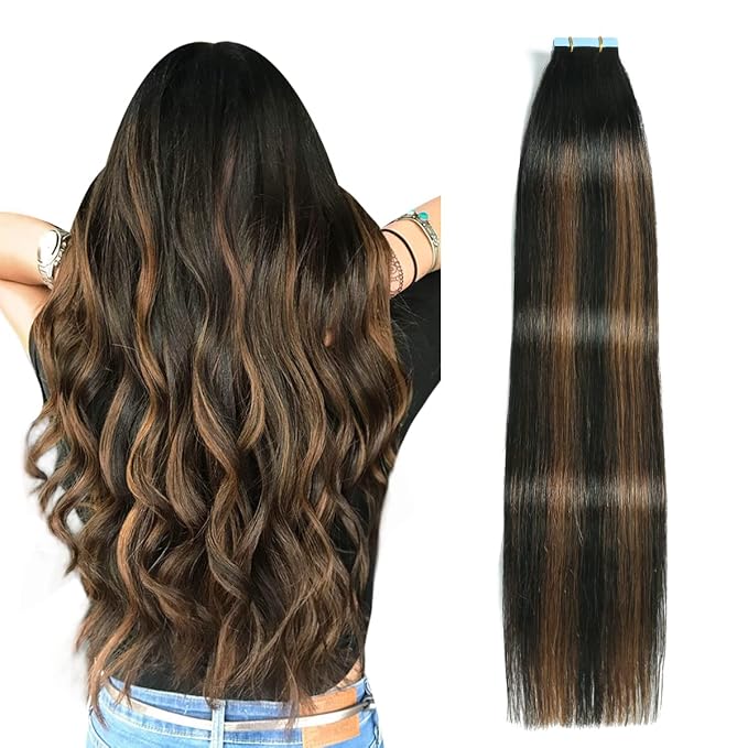 SUYYA Tape in Hair Extensions Human Hair Balayage Natural Black to Chestnut Brown 18 Inch 50g/pack 20pcs Straight Seamless Skin Weft Tape in Real Human Hair Extensions(18inch #P1B/6/T1B)