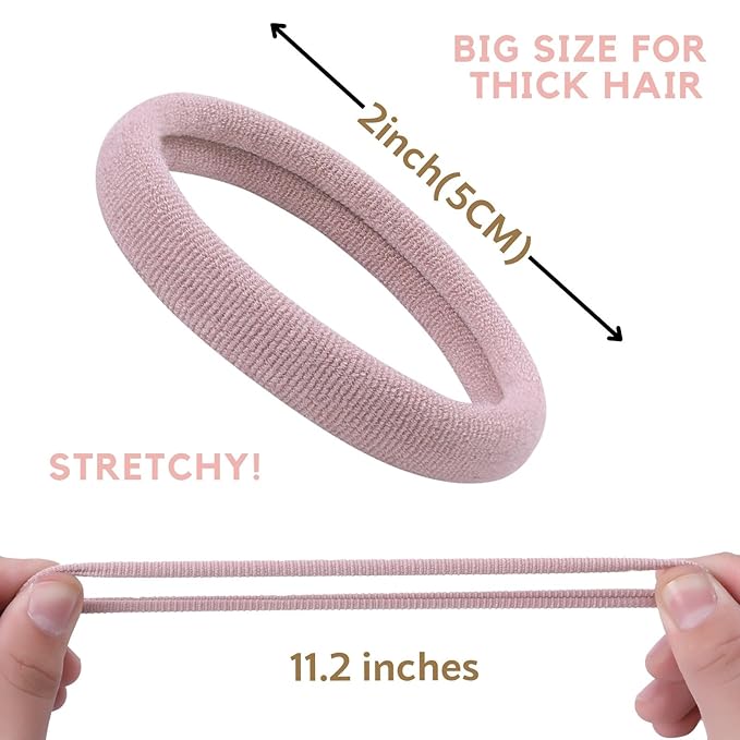 60 Pcs 2 Inch Neutrals No Damage Hair Ties for Women Thick Hair, Large Soft Seamless Nylon Fabric Ponytail Holders Elastics Band for Women