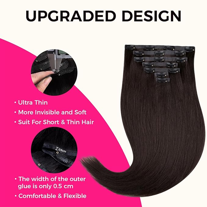 Lashey Seamless Clip in Hair Extensions Human Hair #2 Dark Brown Light Yaki Straight Clip in Extensions Real Human Hair 7pcs 110g 14 Inch PU Weft Natural Hair Extensions for Women