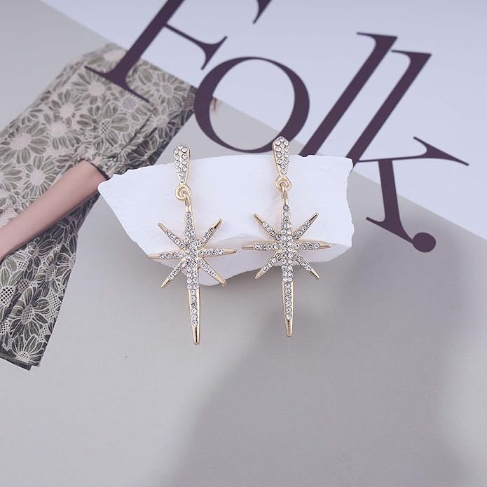 Vintage Crystal Northstar Dangle Earrings Rhinestone Northstar Studs Earrings Gold Cz Star Drop Earrings Sparkly Cz Starburst Earrings Jewelry for Women