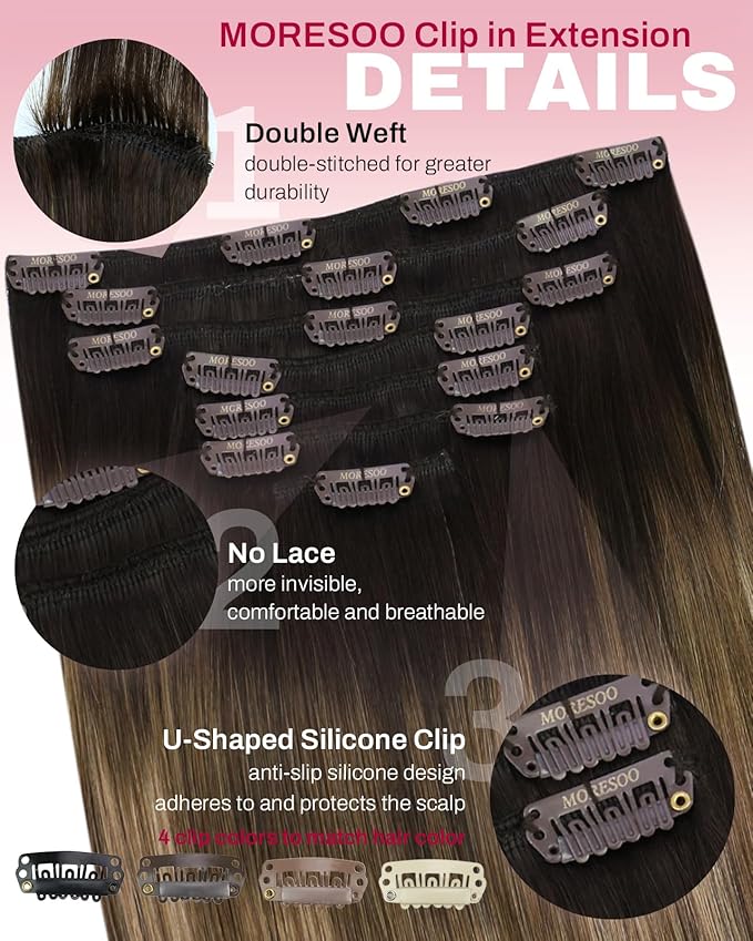 Moresoo Clip in Hair Extensions Real Human Hair Balayage Human Hair Clip in Extensions Ombre Dark Brown to Golden Brown with Dark Ash Blonde Hair Extensions for Women 7Pcs 120G 18inch