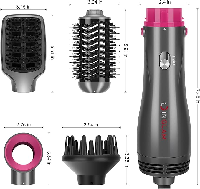 IG INGLAM 4 in 1 Hot Air Brush, Negative Ion Detachable Hair Styler & Volumizer with 2 Brush Heads, Updated Push Switch, Gray