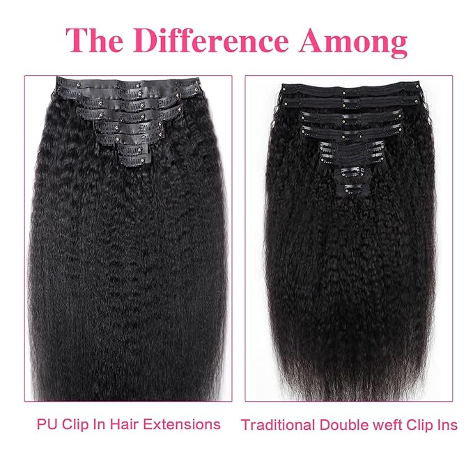 Seamless Kinky Straight Clip In Hair Extensions Invisible PU Weft Kinky Straight Clip Ins Human Hair Extensions 8pcs with 18Clips Per Set 120g(22inch,Natural Black)