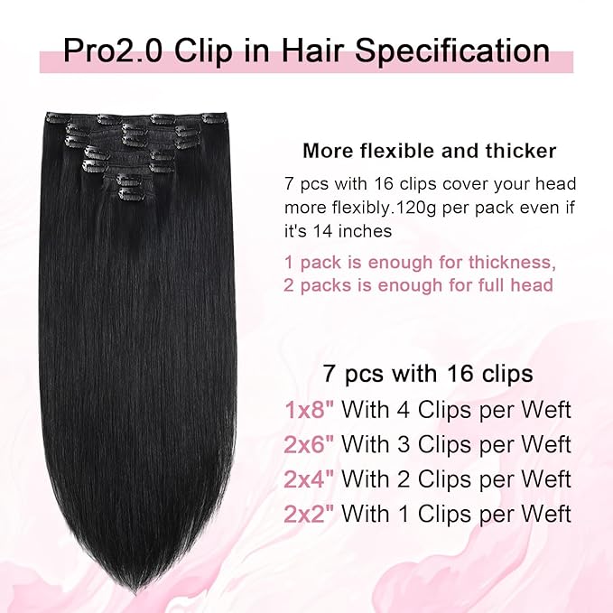 Pro2.0 Clip in Hair Extensions Real Human Hair 120g Thick 7pcs Color #1 Jet Black Remy Real Human Hair Extensions Clip ins 14inch Seamless Double Weft for Women（#1-14inch）