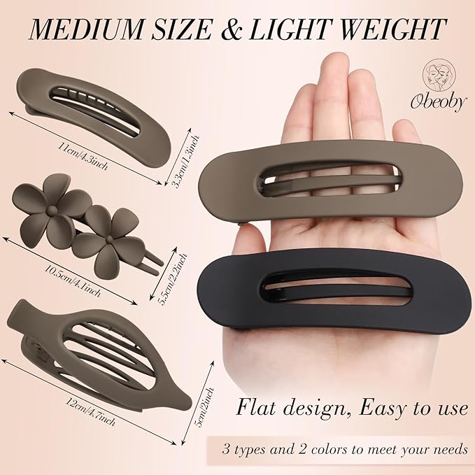 Obeoby 6 Pcs Flat Hair Clips for Women, 3 Types French Flat Claw Clips Hair Accessories Large Medium Barrettes Flowers Duckbill Stocking Stuffers Christmas Gifts (Coffee, Black)