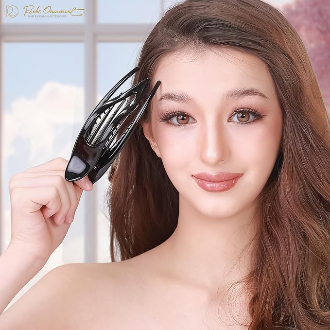 RC ROCHE 2 Pcs Flat Hair Clips Big Claw for Thick Hair French Duckbill Women No Slip Side Slide Curved Alligator Concord Strong Grip Hold Volume Lay Down Clamp, Medium Black & Brown