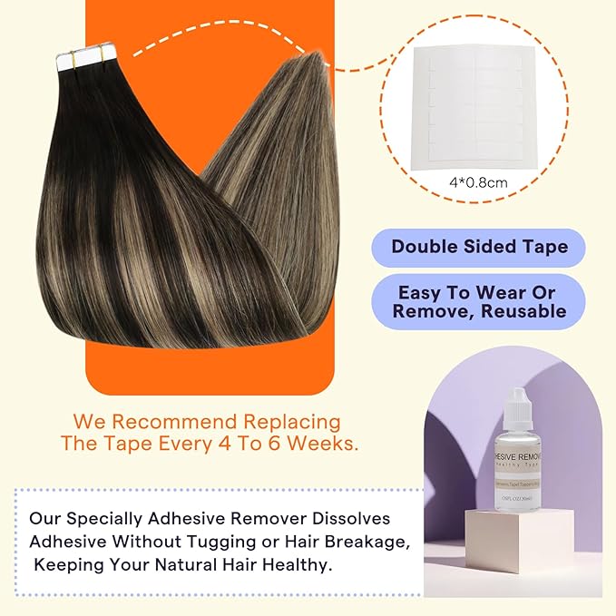 Full Shine Tape Ins Human Hair Extensions Color 1B/27/1B Black with Blonde 24 Inch Invisible Seamless Skin Weft Remy Human Hair Tape in Extensions 50g Straight Soft and Silky Hair 20PCS Add Length