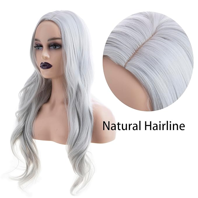 Baruisi Long Wavy Silver Grey Wigs for Women Side Part Natural Looking Cosplay Synthetic Fiber Wig Heat Resistant Replacement Wig