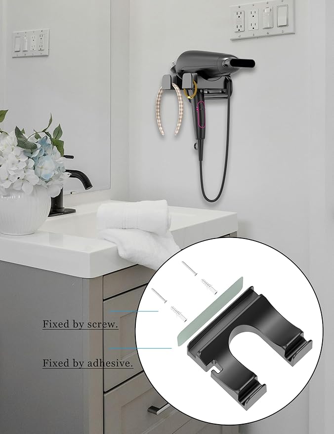 Universal Hair Dryer Holder Wall Mounted, Blow Dryer Holder Cabinet Door, Hairdryer Holder for Bathroom, Hair Dryer Storage Rack Fixed by Screw or Adhesive (Black)