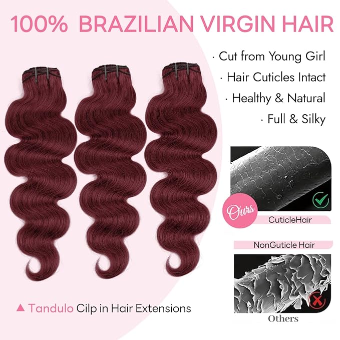 Clip in Hair Extensions Real Human Hair Body Wave 99J Burgundy Clip in 100% Brazilian Remy Human Hair Extensions 8pcs Per Set with 18 Clips Double Weft 18 Inch 100g/3.6oz