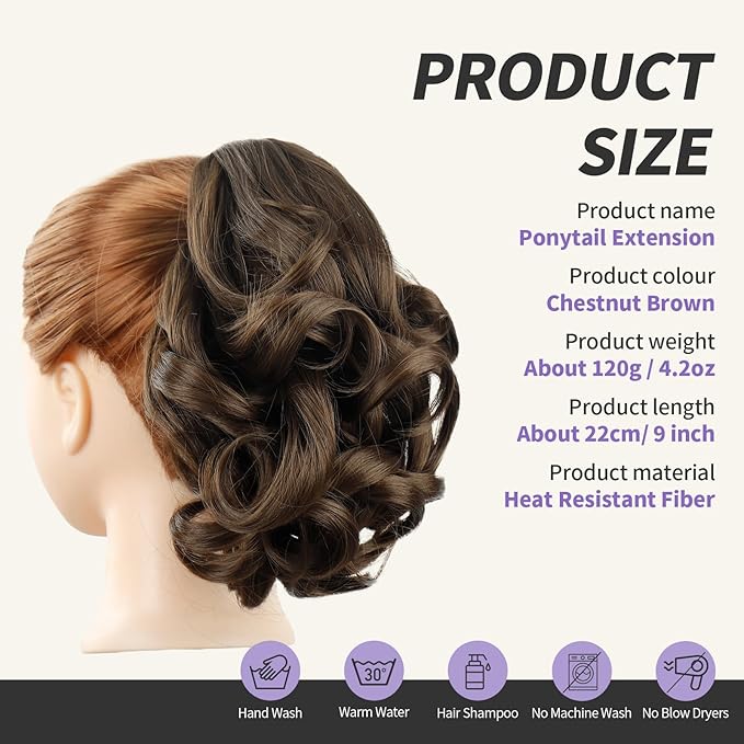 Ponytail Extension,9" Short Curly Wavy Claw Clip in Ponytails Hair Extensions Natural Soft Synthetic Hairpiece for Women - Chestnut Brown