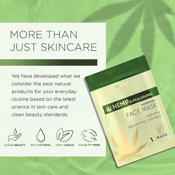 Azure Cosmetics Hemp Oil & Hyaluronic Acid Nourishing Facial Sheet - Anti Aging, Rejuvenating & Deeply Hydrating Mask - Reduces Fine Lines & Wrinkles, Locks in Moisture - Korean Skin Care - Pack of 5
