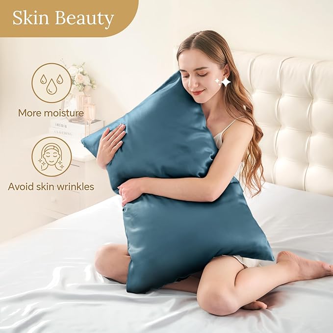 INFIIXSO Mulberry Silk Pillowcase for Hair and Skin, Silk Pillow Cases Queen with Hidden Zipper 20x30 Inches, Extraordinary Smooth and Soft Cooling Pillow Cases for Hot Sleepers(Bluesteel, 1 Pack)