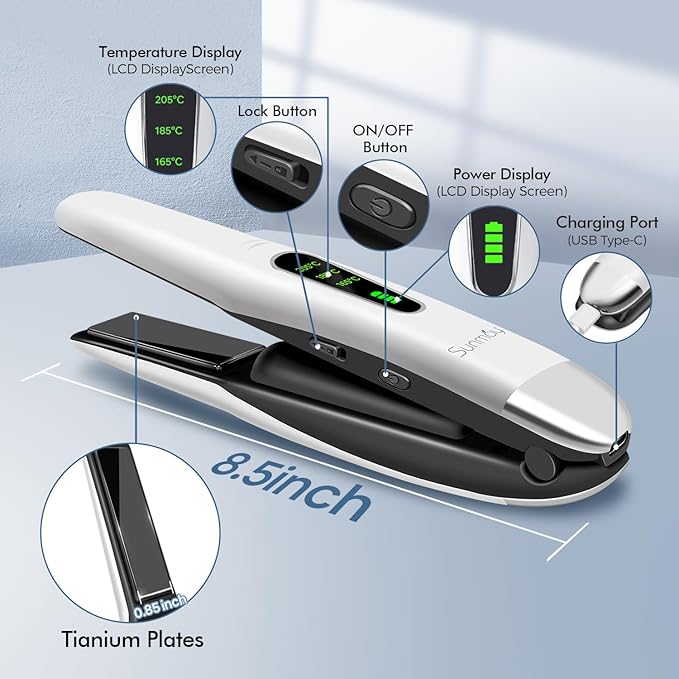 SUNMAY Cordless Hair Straightener, Portable Mini Flat Iron Hair Straightener for Travel, 20s Fast Heating, 5000mAh USB-C Rechargeable, Dual Voltage Hair Straighteners and Curlers 2 in 1 for Women