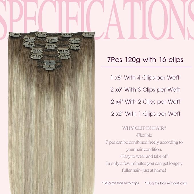 PINKPEARL Clip in Hair Extensions Real Human Hair, 14 Inch 120g 7pcs Human Hair Extensions Clip In, #8/60/18 Balayage Ash Brown to Platinum Blonde and Ash Blonde(#8/60/18-14)