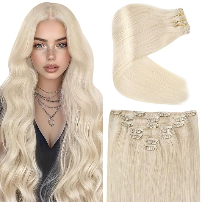 Ve Sunny Clip in Human Hair Extensions Platinum Blonde Clip in Hair Extensions Real Human Hair Short Straight Hair Extensions Clip ins for Daily Use 100g 14inch 7pcs