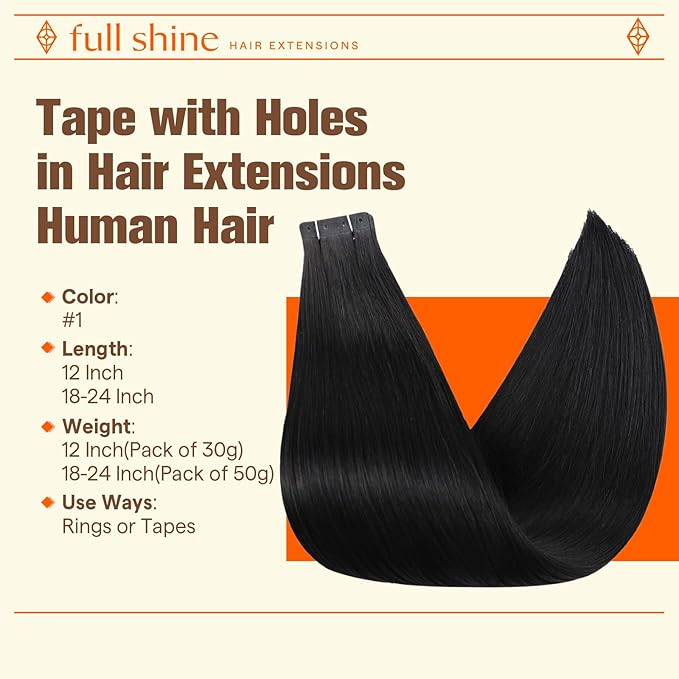 Full Shine Tape in Hair Extensions Tape Extensions Human Hair Color 1 Black 22INCH Invisible Seamless 20PCS 50G Black Hair Extensions Tape in with Holes Glueless Invisible Seamless Skin Weft