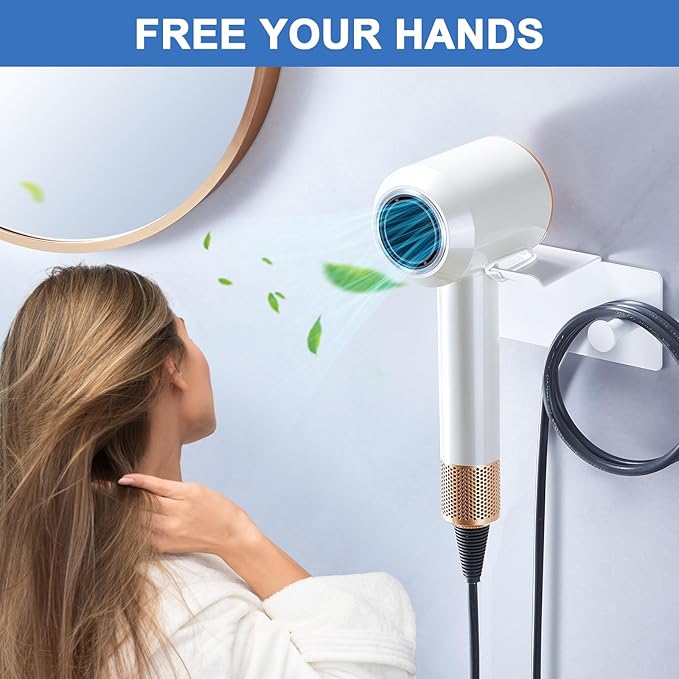 Hair Dryer Holder Wall Mounted, Blow Dryer Holder Adhesive, Metal Hairdryer Holder for Bathroom, Hair Tool Organizer with Plug&Cord for Cabinet Bathroom Bedroom Barber Shops