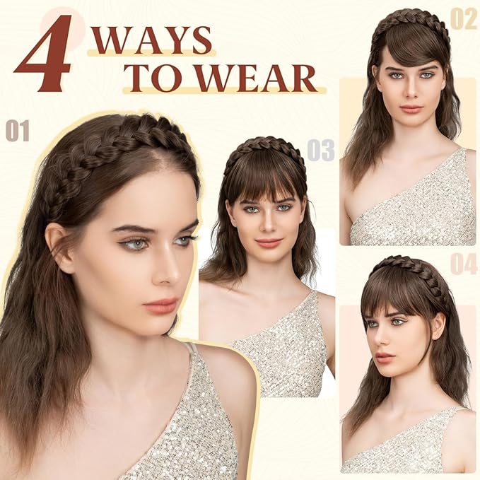 SARLA Braided Headband with 3 Detachable Clip in Bangs Fringe Hairpieces Fake Synthetic Hair Band Bangs for Women White