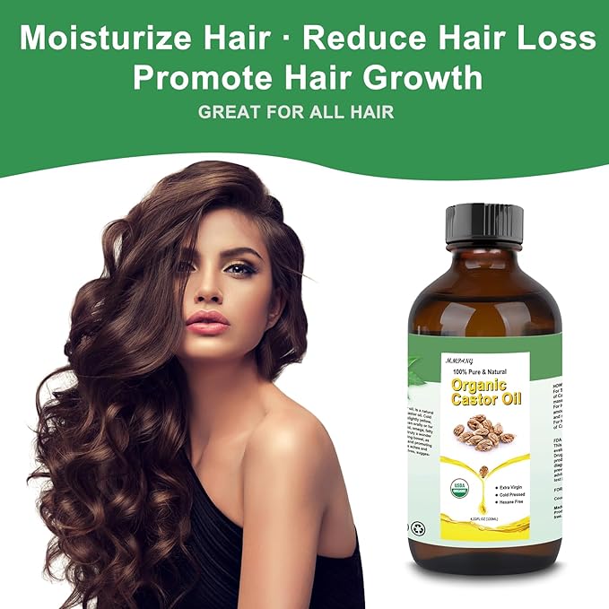 Organic Castor Oil for Body,Castors Hair & Lashes Brow Oils, USDA Certified 100% Pure Natural Glass Bottle, Cold Pressed, Hexane Free. Castor Oil for Hair Growth, Thicker Fuller Brows, 4.22oz