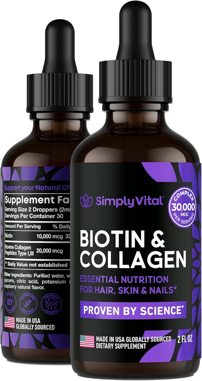 SimplyVital Liquid Biotin & Collagen - Hair, Skin & Nails Vitamins with Biotin 10000mcg & Collagen Peptides - Made in USA - Liquid Collagen for Healthy Skin & Hair Growth Support - 2 fl oz