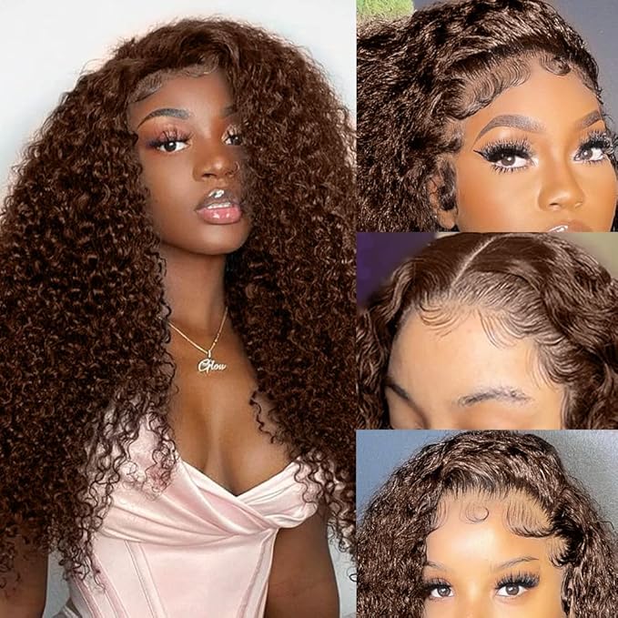 250% Density Curly Human Hair wig 13x6 Auburn Brown Mongolian Deep Transparent Lace Front Wigs for Women With Baby Hair Chocolate Curly Lace Front Wig 22 Inch