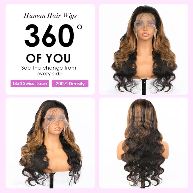 Ombre Lace Front Wig Human Hair Highlight Body Wave Lace Front Wigs Human Hair Pre Plucked 13x4 Transparent Lace Frontal Wig 200 Density Glueless 1B/30 Highlighted Wigs 20 Inch