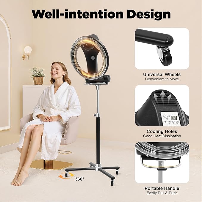 1KW Professional Hair Dryer, Salon Drying Perming Machine, 3 in 1 Orbiting Hair Steamer, Sit Under Salon Color Processor with Rolling Base