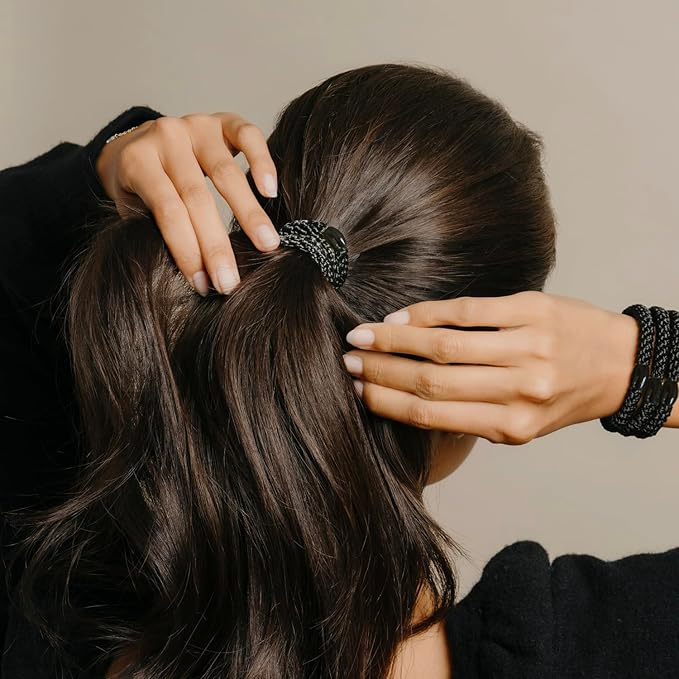 Black Hair Ties for Thick Hair, Grab & Go Pony Tube, 15 Pack, Black Pack, Thick No-Crease Bands with Strong Hold, Damage-Free Design, Sleek Everyday Style | L. Erickson