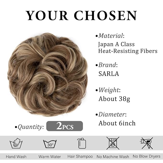 SARLA 2PCS Messy Hair Bun Hair Pieces Wavy Curly Synthetic Updo Fake Scrunchies Ponytail Extension for Women Brunette/Ash Blonde Highlight